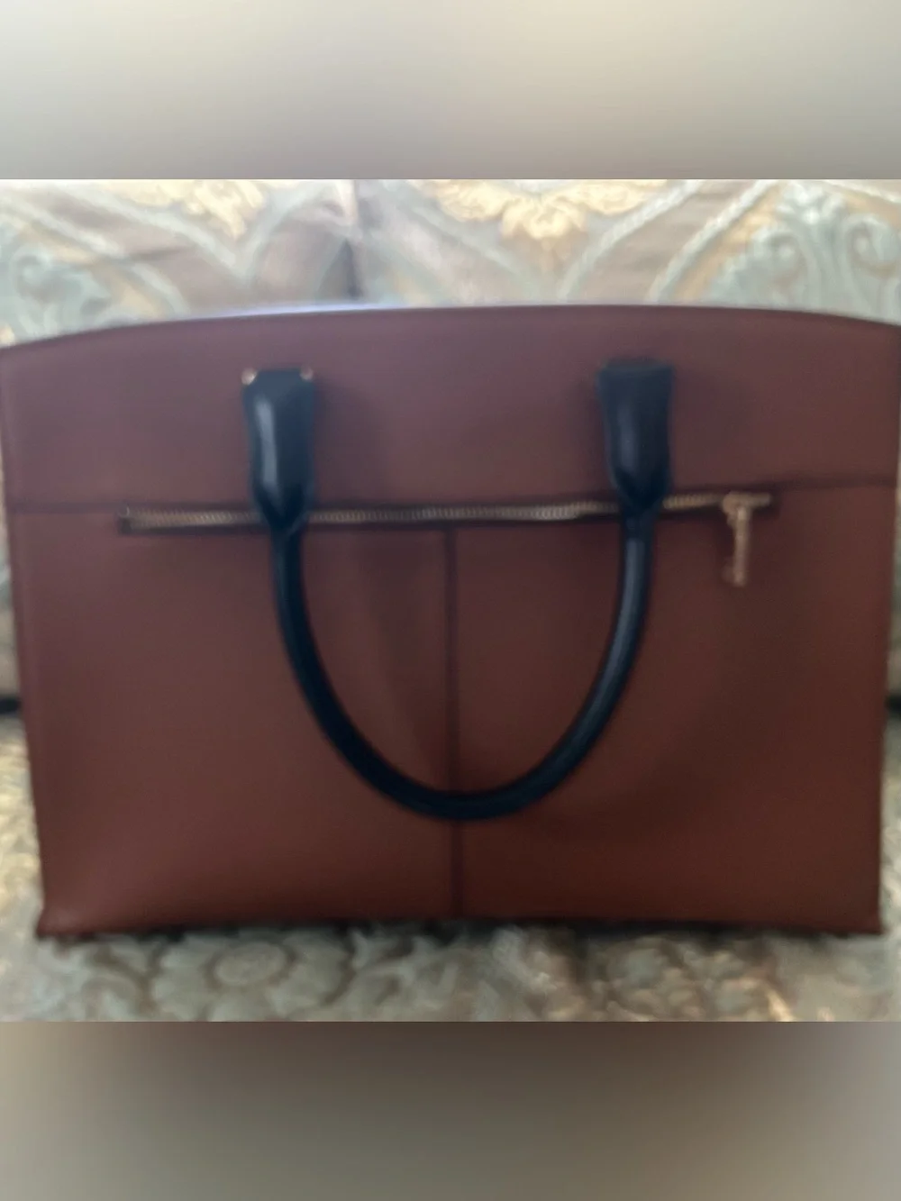 Bostanten Brown Leather Tote Bag with Black Handles without the shoulder strap